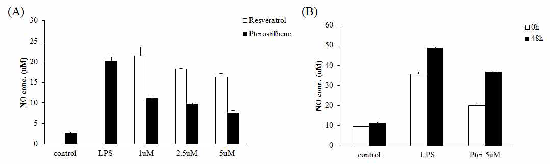 Pterostilbene과 resveratrol (A) 및 pterostilbene 대사체가 (B) NO 억제능
