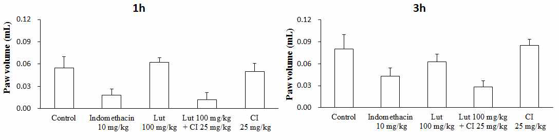 COMT inhibitor에 의한 luteolin 대사 조절에 따른 항염증 효능 증진 - Carrageenan으로 유발된 족부종 억제에 미치는 영향 (발부피)