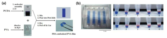 (a) PDA-embedded PVA film, (b) PDA-embedded hydrogel이 패터닝 된 PDMS 칩(왼쪽), 타겟 물질 유무에 따른 PDA 색 변화(오른쪽)