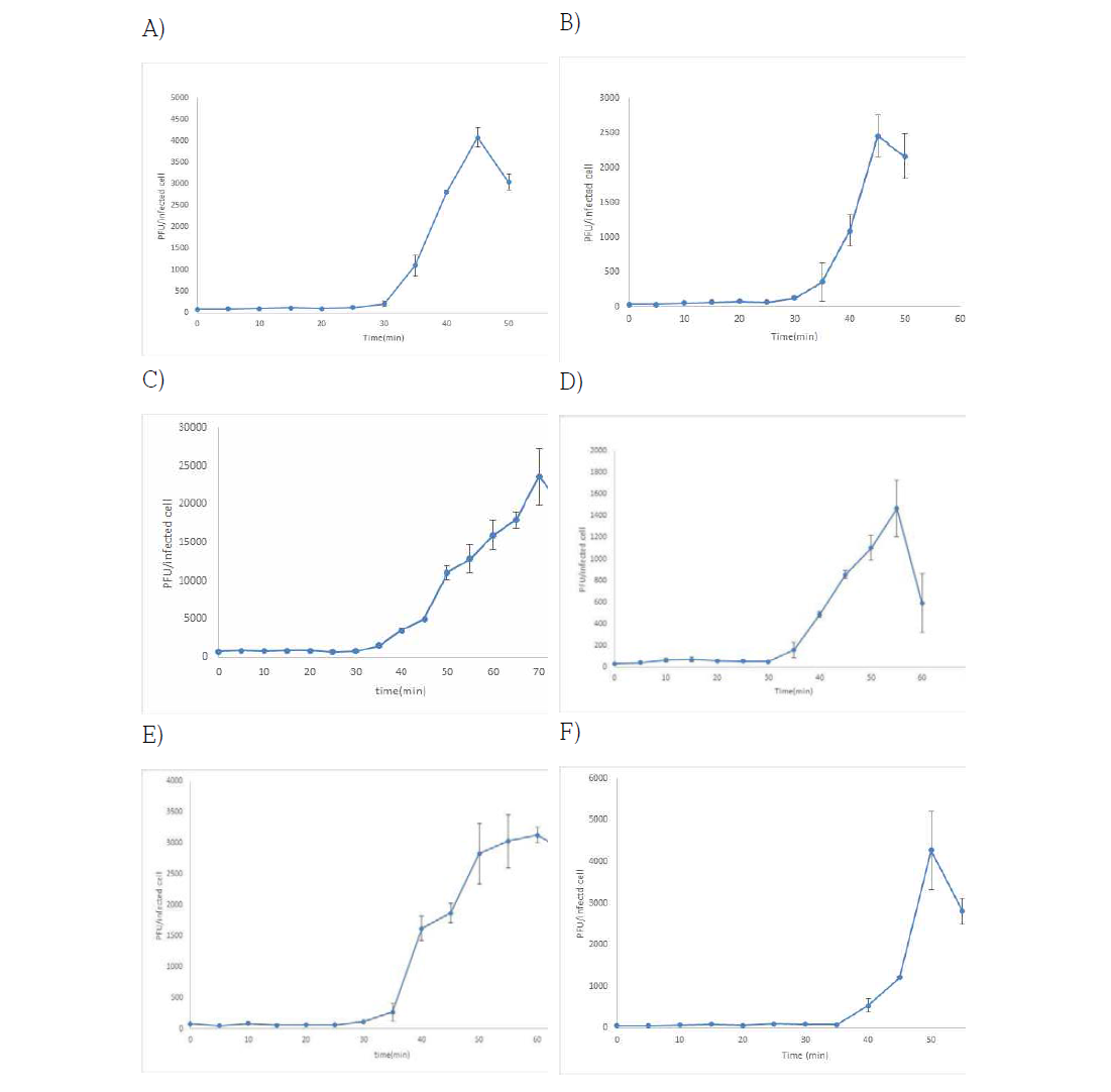 S. aureus bacteriophages의 one step growth curve, A) SAP8, B) SAP11, C) SAP17, D) SAP20, E) SAP33, F) SAP40