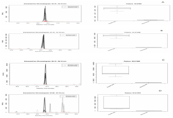 Extracted Ion chromatogram and box plot of peak area from raw and raw Ginseng, (A)hexanal; (B)trans-2-hexenal; (C)1-hexanol; (D)trans-2-hexen-1-ol.