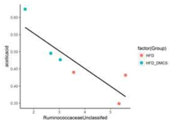 Scatter plot으로 나타낸 고지방식이군과 DGAS 처리 재결정화 밤전분군의 맹장 내 unclassified Ruminococcaceae와 acetic acid의 상관관계