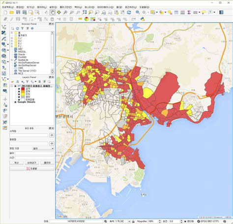 피해예측 데이터 QGIS 표출 화면