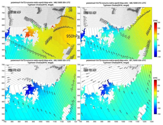 UNIST 입력자료 기반으로 계산된 남해 동부 해일(컬러) 및 기압(검은선) 분포