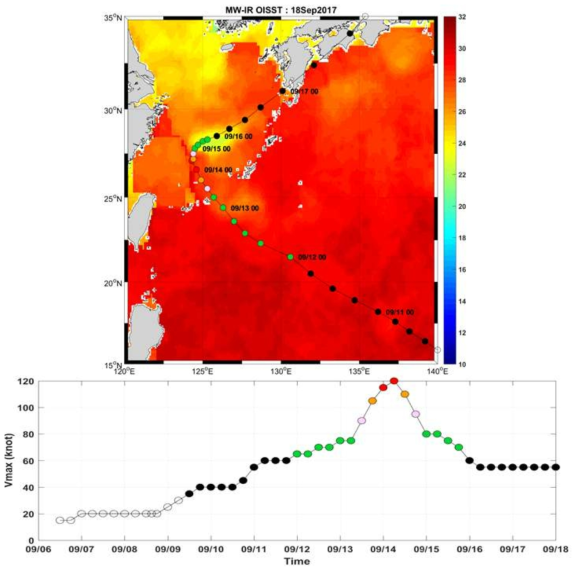 NCAR 입력자료 기반으로 계산된 남해 동부 해일(컬러) 및 기압(검은선) 분포