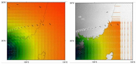 5분 해상도의 등격자체계와 해일모델 격자체계에서의 기압장
