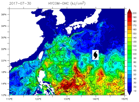 2017년 7월 30일의 HYCOM 모델로 계산한 해양열용량