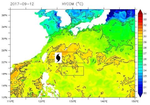 2017년 9월 12일의 HYCOM 모델 (NRL)의 SST 예측치