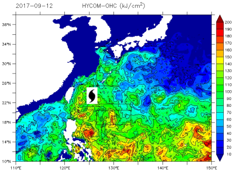2017년 9월 12일의 HYCOM 모델로 계산한 해양열용량