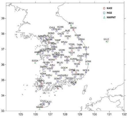 실험에 사용된 국내 GNSS 상시관측소