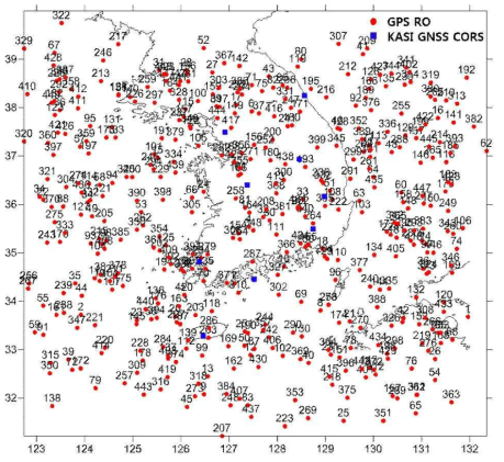 한반도 주변의 2014년 COSMIC GPS RO 자료(449개)