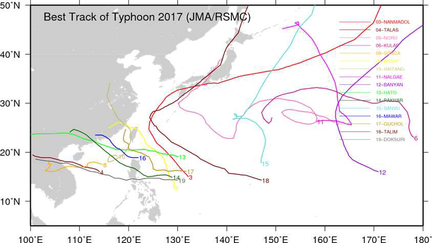 2017년 7월 1일 ~ 9월 30일 발생 태풍 best track 진로