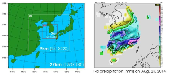 모델 영역 및 호우 사례 일 강수량 (좌) WRF 모델 영역, 해상도 및 격자수 (우) 2014년 8월 25일 남부지방 호우 사례 일 강수량