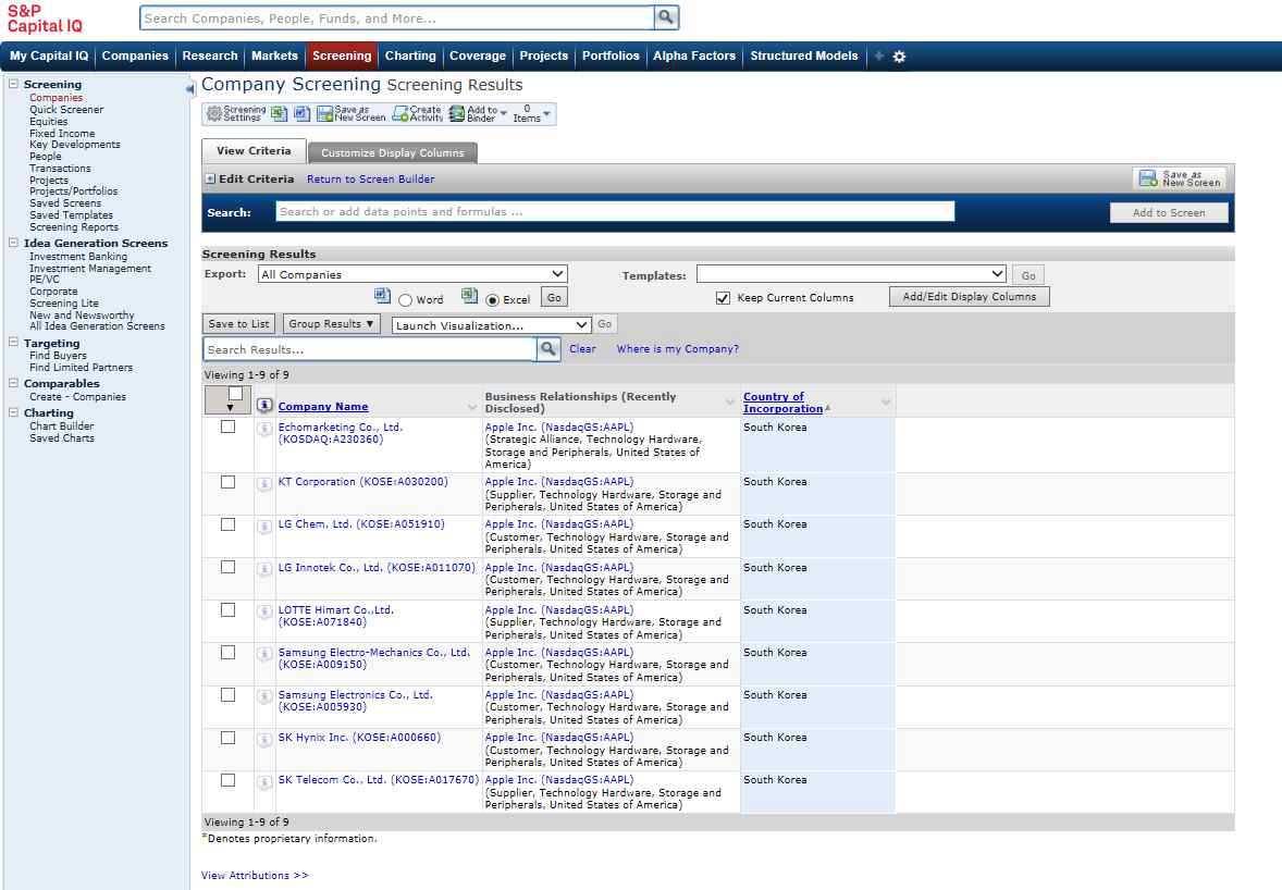 S&P Capital IQ 애플사와 관계가 있는 한국기업 검색 결과 화면