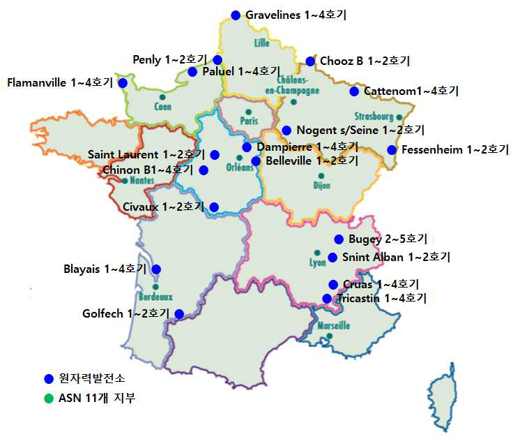 프랑스의 원자력발전소 및 원자력안전국(ASN) 11개 지부 현황