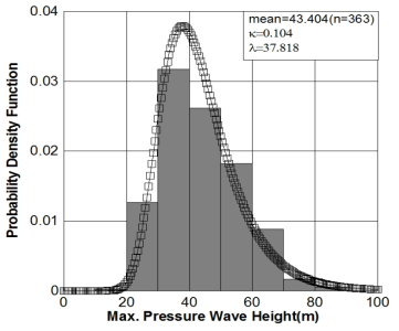 수충격 압력파고의 확률밀도함수(샘플 상수관망)