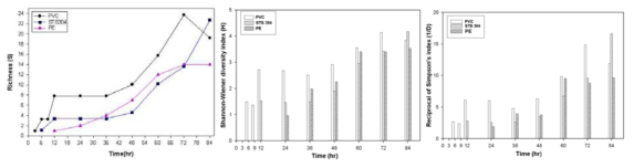 수돗물에 접촉한 STS304, PVC, PE 재질 표면에 형성된 생물막 군집의 (A) richness, (B) Shannon-Wiever diversity index와 (C) reciprocal of Simpson