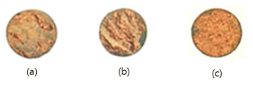 부식된 철 쿠폰의 표면 사진 (a) 재래식 공정 처리수 (b) 혼합수 (c) 나노여과막 처리수