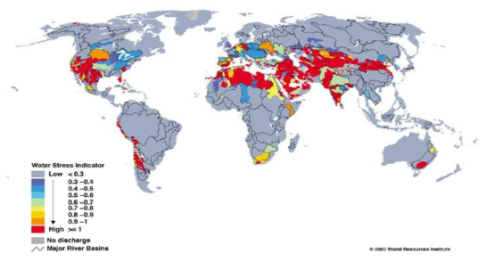글로벌 물 스트레스 지수 분포 (World Resource Institute, 2003)