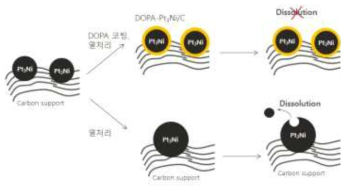 Dopamine 코팅된 Pt3Ni 촉매의 내구성 증가 메커니즘 모식도.