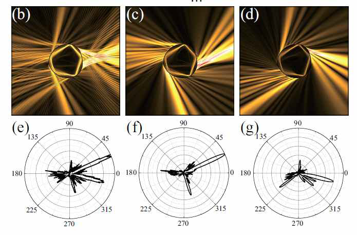 비대칭 Reuleaux triangluar 모양 레이저에 서 시계 방향과 반시계 방향의 레이저 발진 모양 위 는 발진 모양이고 아래는 far-field pattern. (b)와 (e)는 전체 발진, (c)와 (f)는 반시계 방향, (d)와 (g) 는 시계 방향 발진