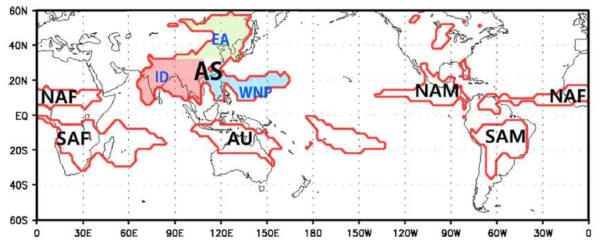 Global monsoon domains defined according to Wang and Ding (2006) using recent precipitation data.