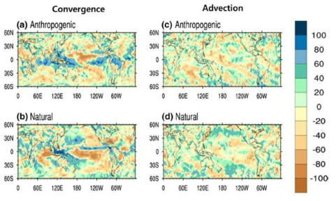 Ratio (%) fields of convergence (left panel) and advection (right panel) terms to CVIMF against the anthropogenic (top panel) and natural (middle panel) modes.