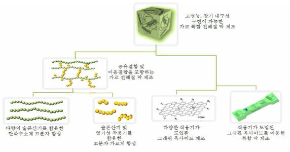 고성능, 장기 내구성을 구현하기 위한 가교/복합 막 개발의 연구 개념도