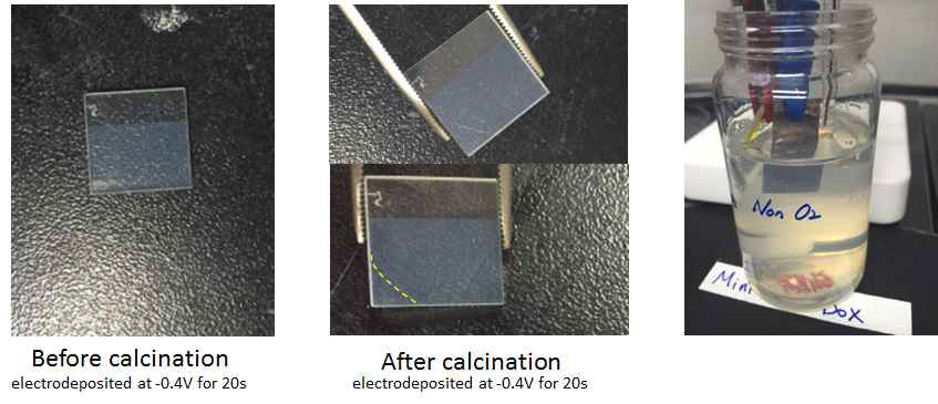 SnO2 제조된 후 FTO glass 표면 변화와 반응 용액 사진