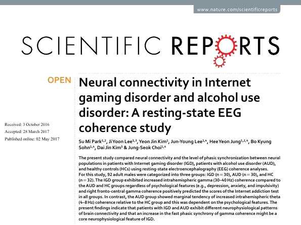 Park and Lee et al., Neural connectivity in Internet gaming disorder and alcohol use disorder: A resting-state EEG coherence study. Scientific Reports.