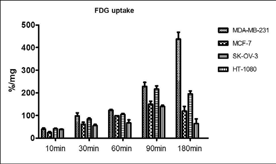 다양한 암세포주의 포도당 유사체 18F-FDG (fluorodeoxyglucose) 방사성의약품 섭취율 비교