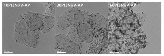 10 wt%, 30 wt%, 60 wt%의 백금-니켈 합금 나노입자가 담지된 촉매의 투과 전자현미경 사진.