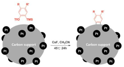 Aryne cycloaddition 반응을 이용한 탄소 담지체의 선택적 개질 반응 모식도.