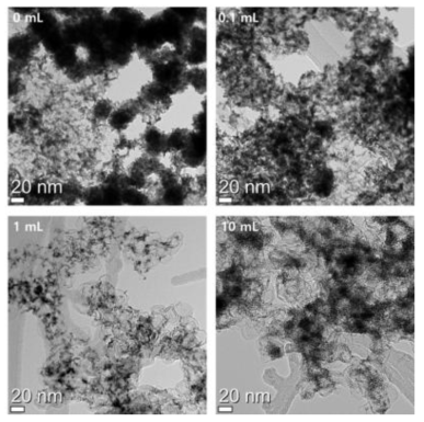 올레일아민 안정제(0~10 mL)를 적용하여 제조한 촉매의 투과전자현미경사진.