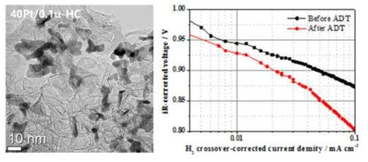 Pt/0.1u-GC 촉매의 TEM 사진(좌) 및 가속열화 전/후의 단위전지 분극곡선(우)