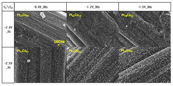 3초간의 Nucleation step과 30초의 growth step 후의 PtCo 촉매 (용액 조성: 2 mM H2PtCl6 + 40 mM CoCl2·6H2O + 0.5 M H2SO4).