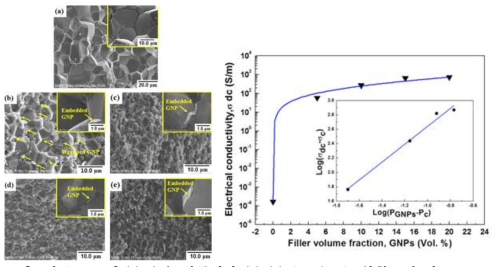 (a) 순수 알루미나 (b)~(e) GNT/Al2O3 복합소재 및 복합소재 Vol%에 따른 전기전도도