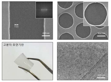 가이드 패턴을 통해 자기조립된 나노패턴의 SEM 사진 및 유연 기판에 적용한 SEM 사진