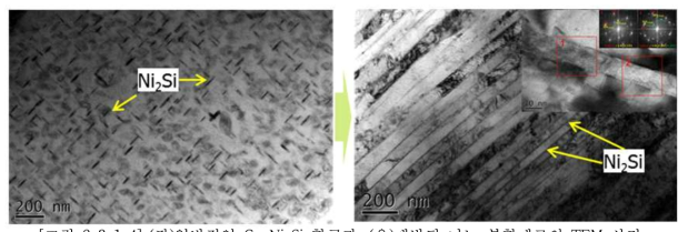 (좌)일반적인 Cu-Ni-Si 합금과, (우)개발된 나노 복합재료의 TEM 사진
