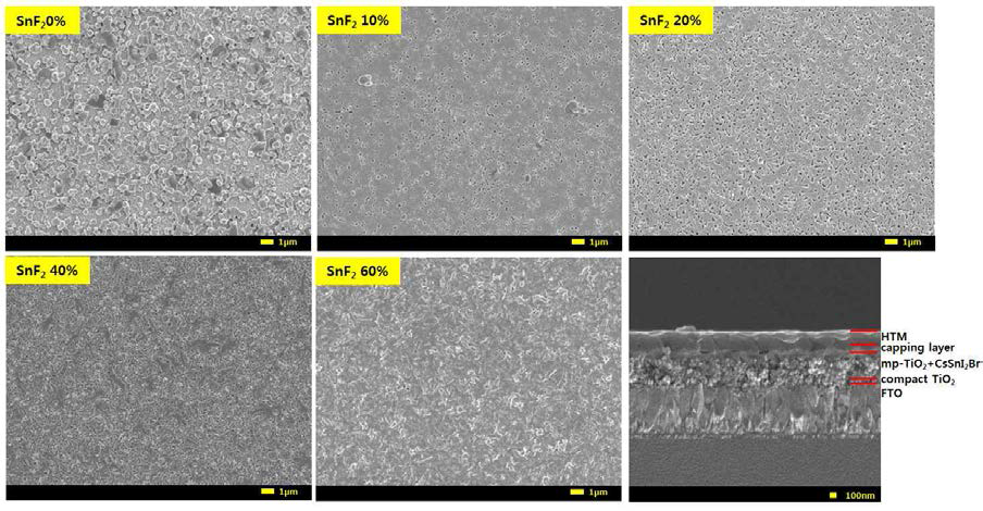 mp-TiO2 위에서의 SnF2 함량에 따른 CsSnI2Br의 박막 SEM 이미지와 SnF2 60% 함량을 가질 때 태양전지 단면 SEM 이미지(오른쪽 하단).