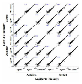 개의 그룹에 대한 log2 LFQ intensity 비교에 대한 scatter plot