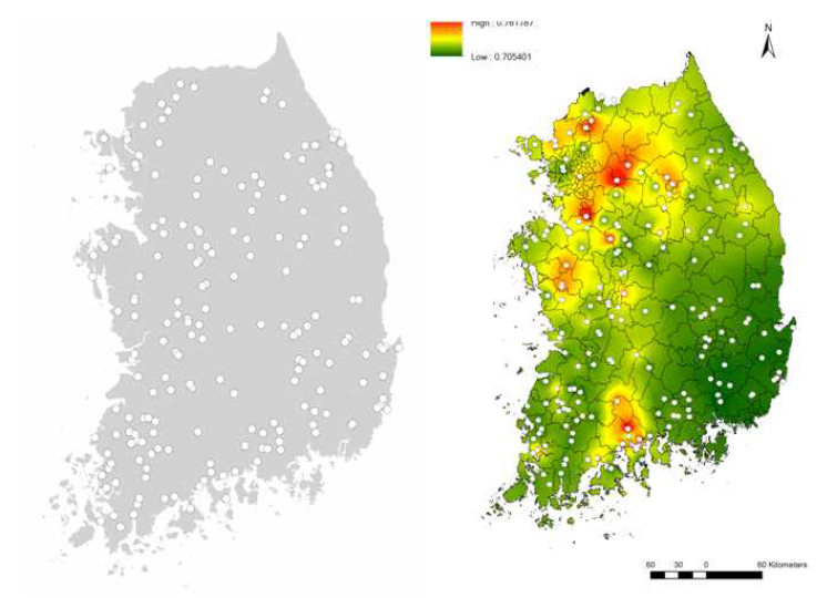 지하수 시료채취 지점(국가지하수측정망) 및 우리나라 지하수의 스트론튬 동위원소비 분포