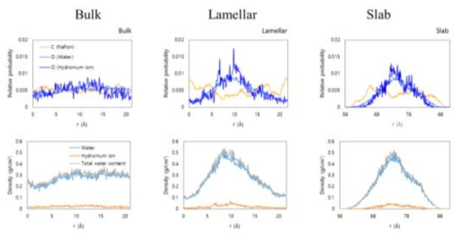 온도 300 K에서 nafion 고분자의 동역학 시뮬레이션으로 확인한 z축 방향으 로의 원자별 상대적 분포(위) 및 water content의 density 분포(아래)