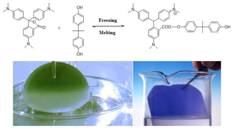 Flavylium 계 감온색소재료의 색 전이 메카니즘의 예.