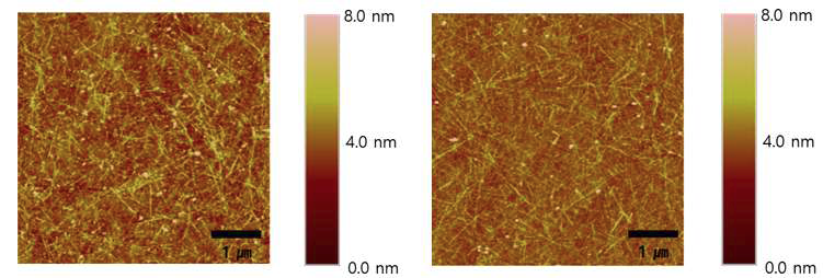 IDT-BT에 의한 강화 된 반도체 HiPco SWNT의 AFM 이미지, (c) IDT-BT에 의한 강 화 된 반도체 성의 플라즈마 토치 SWNT의 AFM 이미지