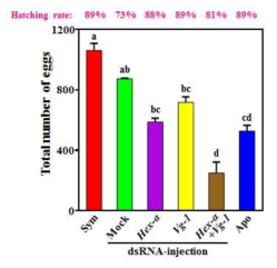 hexamerin-α와 vitellogenin 유전자의 RNAi에 의한 알 생산능력의 감소.