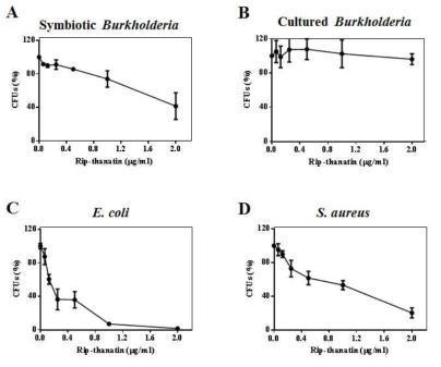 (A) 장내 공생균인 symbiotic Burkholderia와 (B) 실험실에서 배양한 cultured Burkholderia 균주, (C) E. coli , (D) S. aureus에 대한 rip-thanatin의 항균 활성.