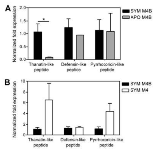 (A) 곤충숙주의 타입별 및 (B) 조직에 따른 곤충 숙주유래의 항균 펩타이드의 mRNA expression.