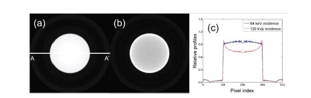 스펙트럼 샘플링에 의해 발생하는 cupping artifact의 검증. (a) 평균에너지 64 keV의 cylindrical water phantom의 단층영상, (b) 120 kVp의 스펙트럼을 이용한 단층영상, (c) A  A′의 각 프로파일