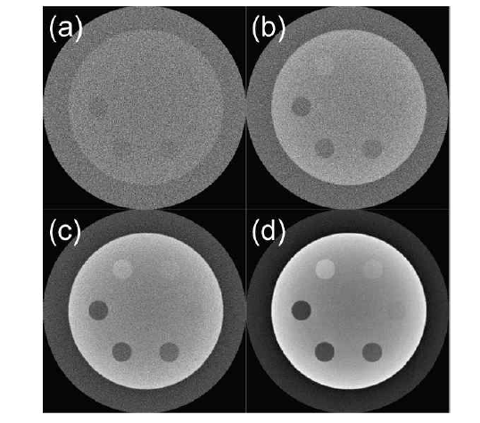 양자 잡음 모델을 고려한 투사영상으로부터 획득한 다양한 조사선량에서의 재구성영상. (a) 0.001, (b) 0.01, (c) 0.1, (d) 1 mR